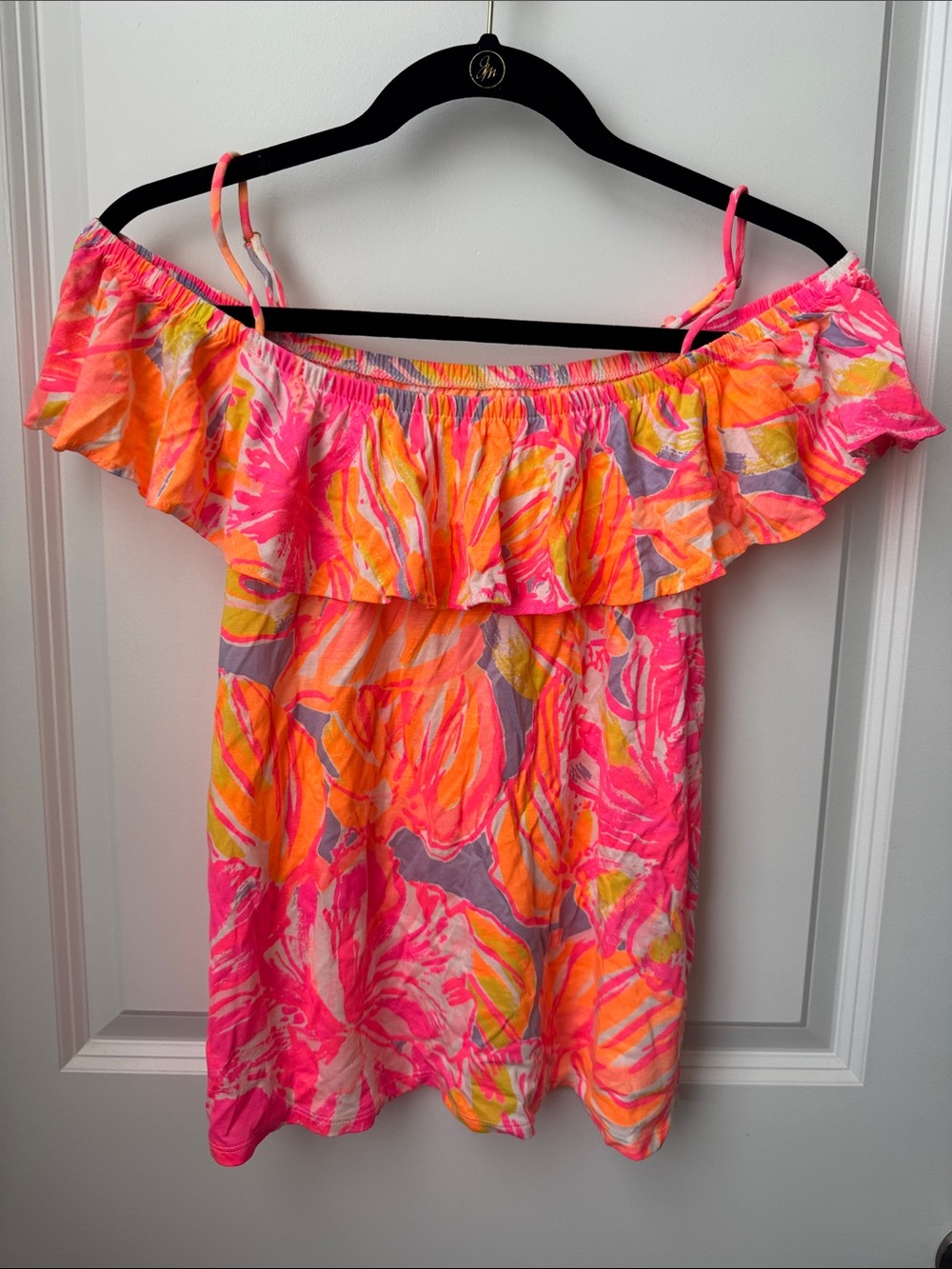 Lily Pulitzer Off-Shoulder Floral Ruffle Women’s Top in Neon Pink & Orange